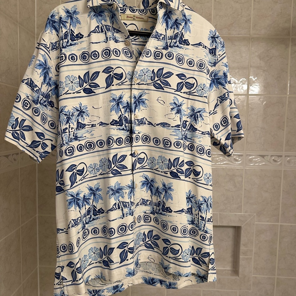 Tommy Bahama Blue and Cream Island Print Silk Shirt